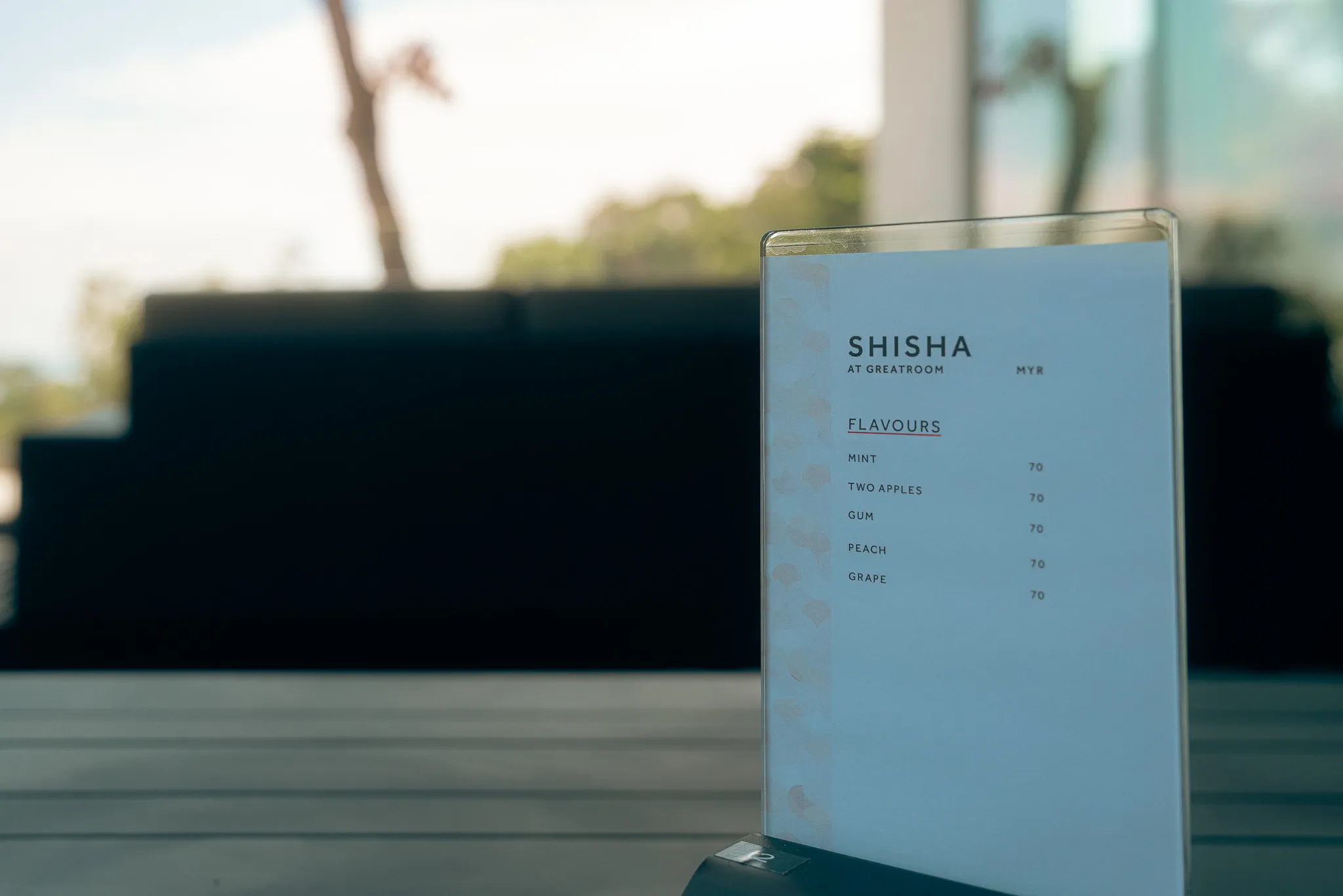 Shisha menu and prices at the Greatroom outdoor seating area.