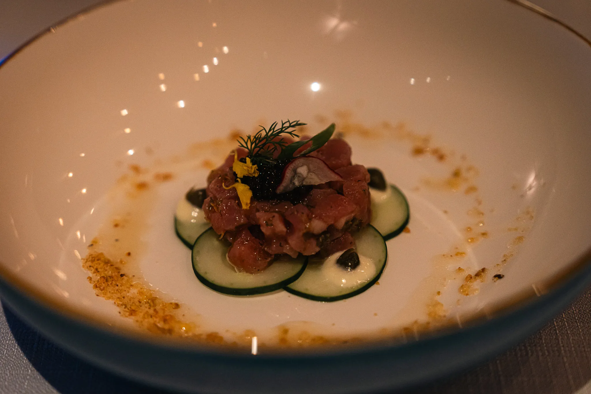 Tuna tartare appetizer at Sekoci during dinner, served on thinly sliced cucumbers with a creamy sauce and garnished with microgreens.