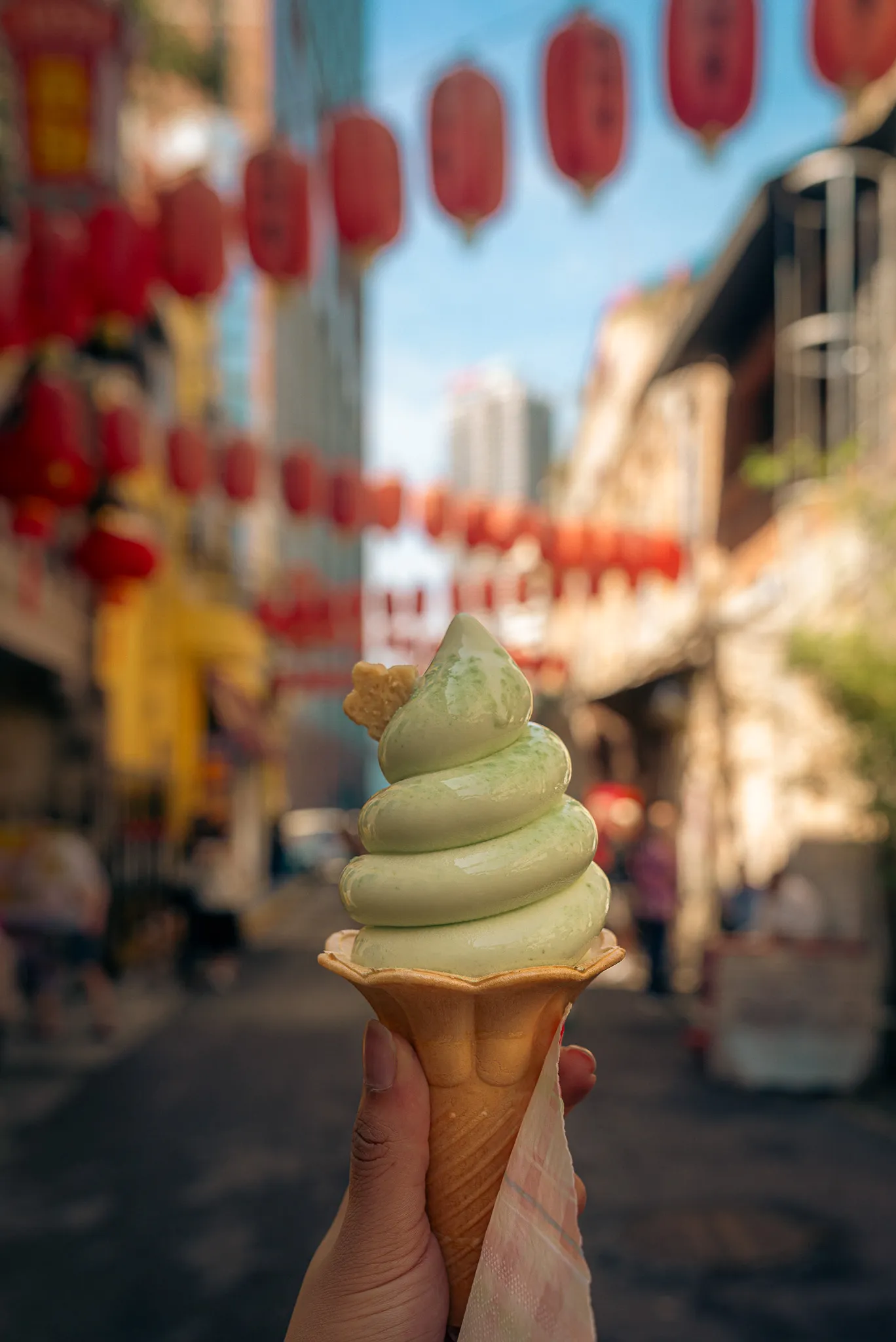 Pandan soft serve ice cream cone from Ching Ching by Pandan Republic